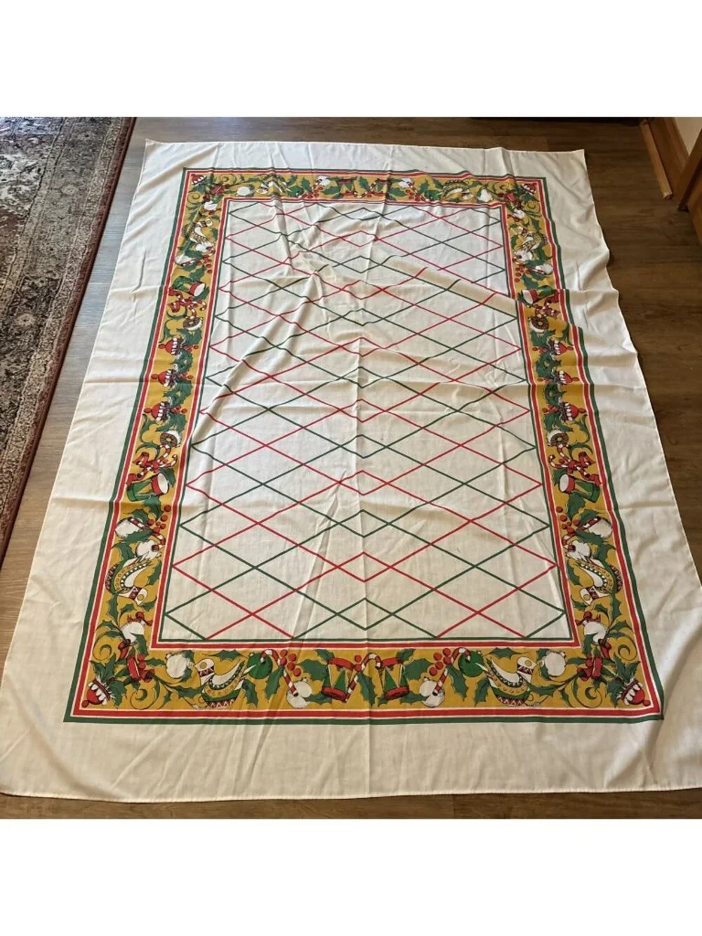 Vintage Large Christmas Tablecloth Red Green & Gold Border Size 81 X 60